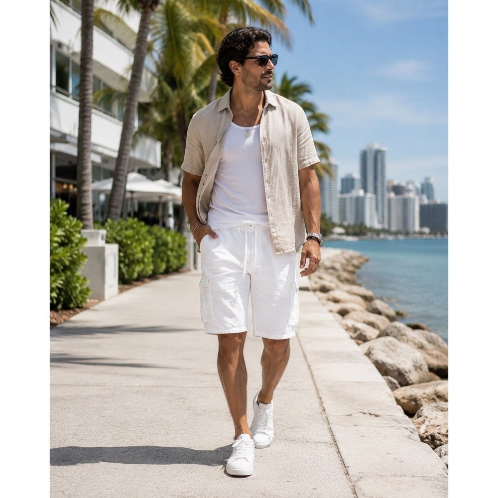Sean John White Linen Blend Cargo Shorts Men Size 38 Drawstring Casual Summer